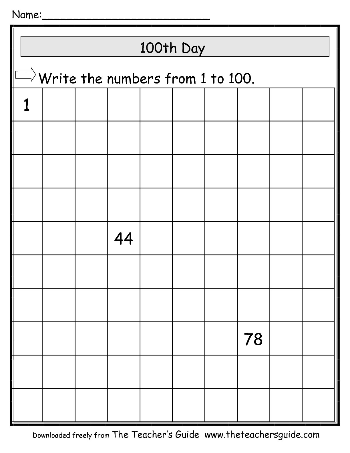 100 Chart Missing Numbers Worksheet