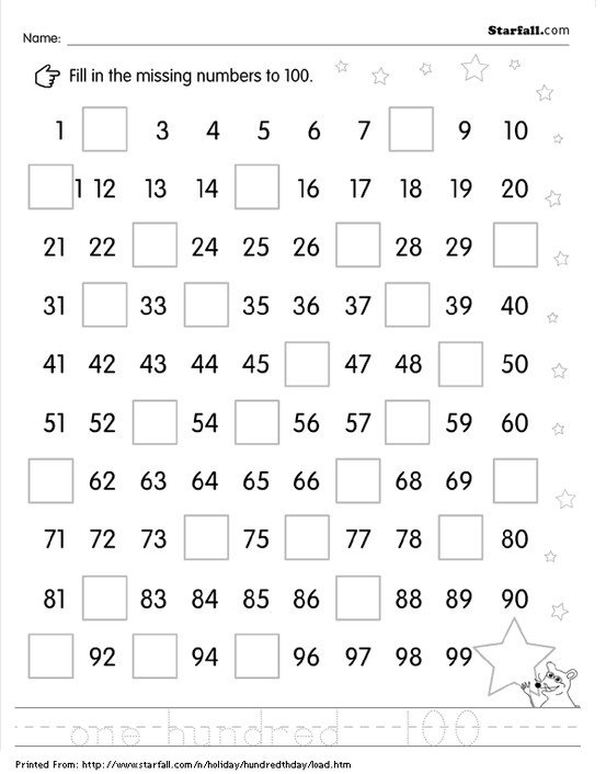 100 Chart Missing Numbers Worksheet