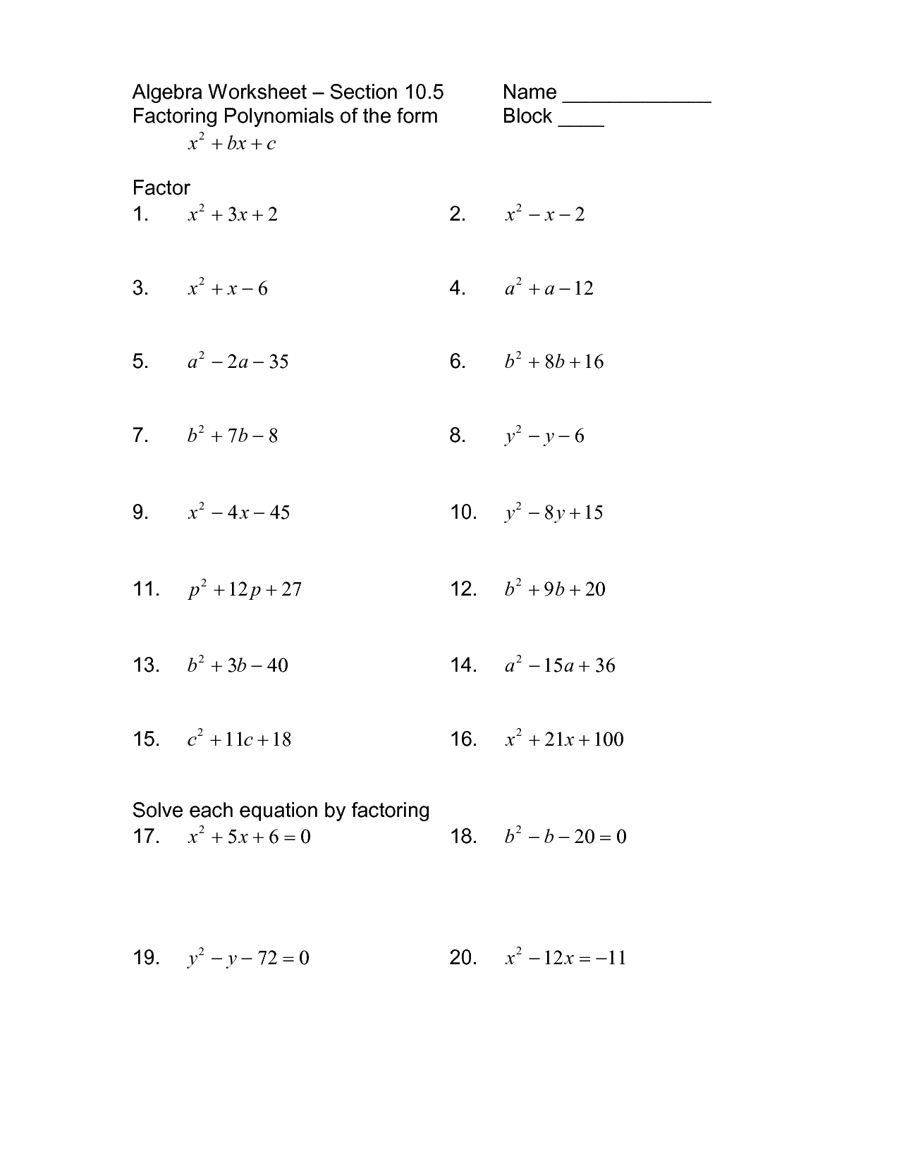 Algebra 2 Factoring Worksheets with Answers