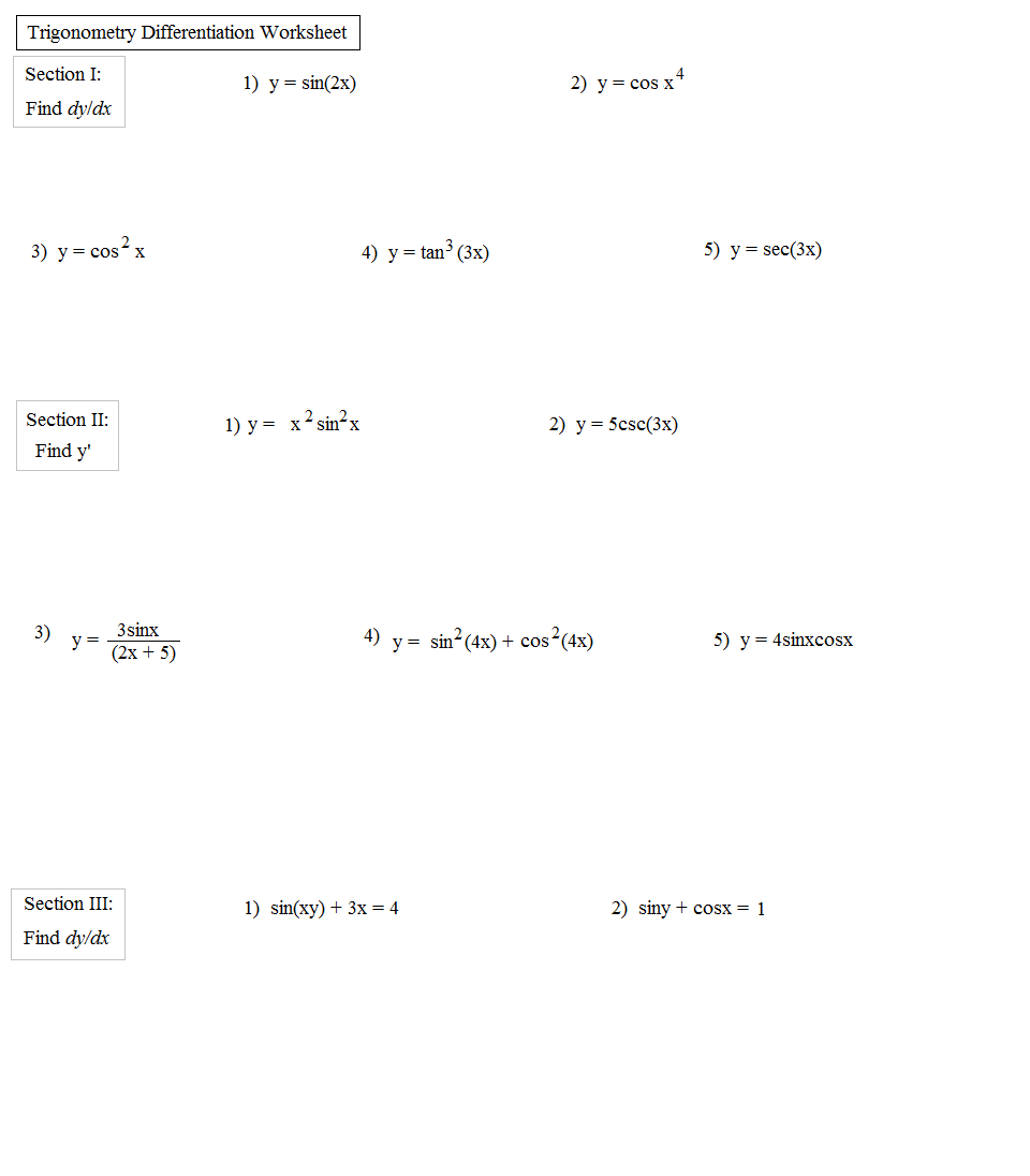 Basic Trig Functions Worksheet