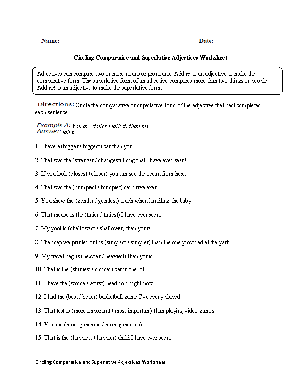 Comparative and Superlative Worksheets