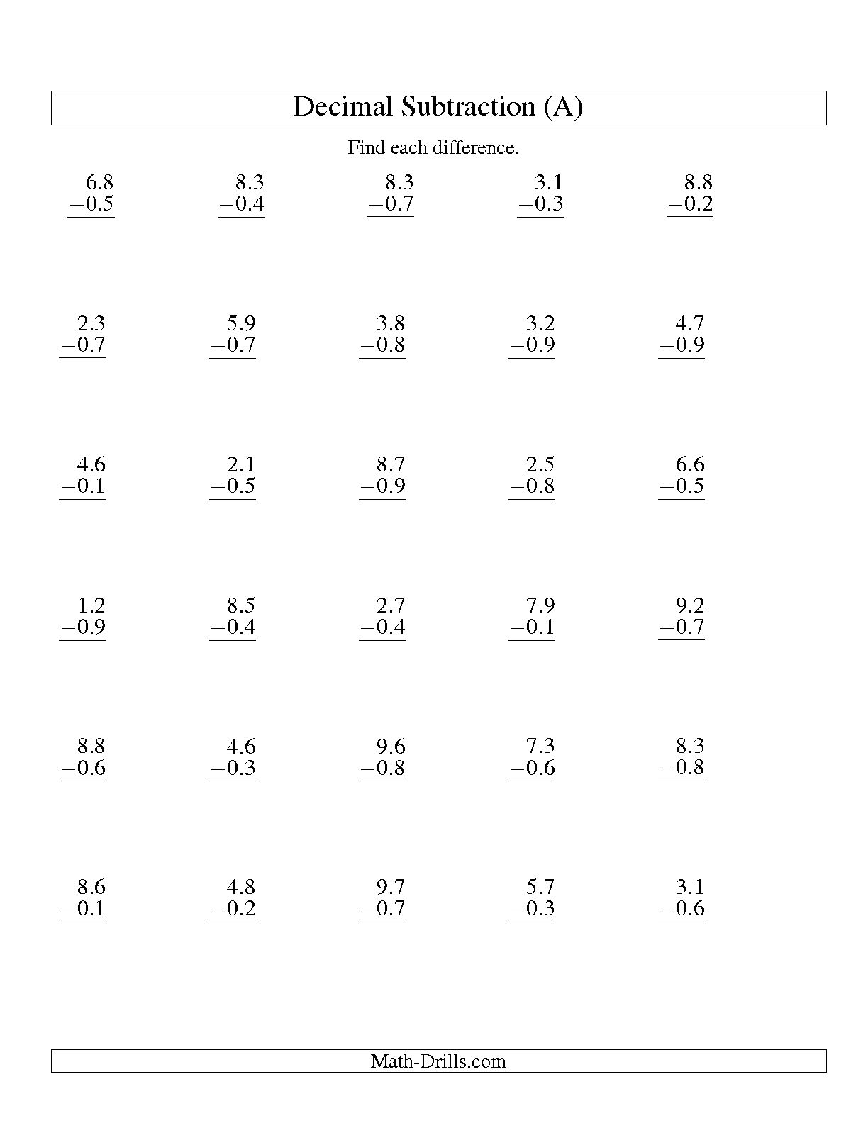 Decimal Addition and Subtraction Worksheets