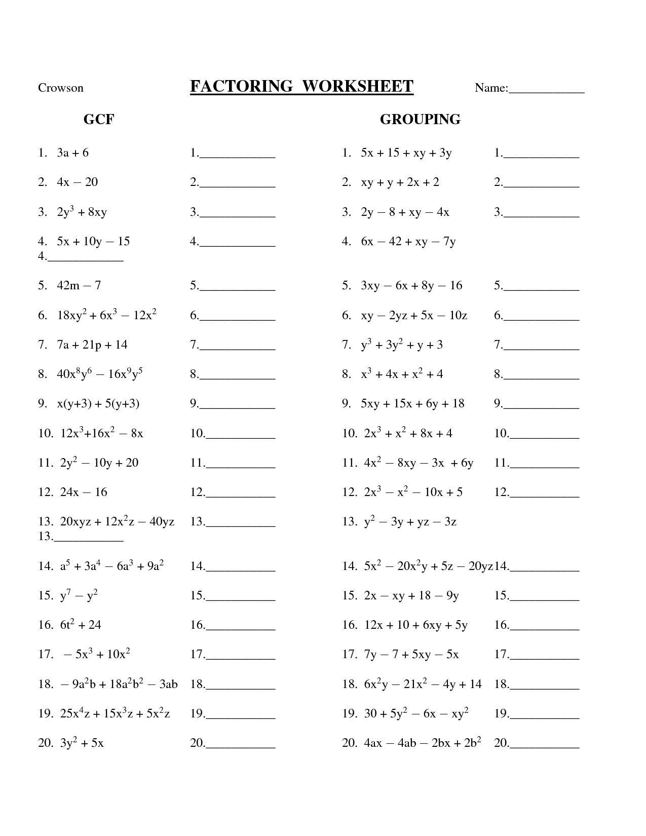 Factoring Polynomials Worksheet with Answers