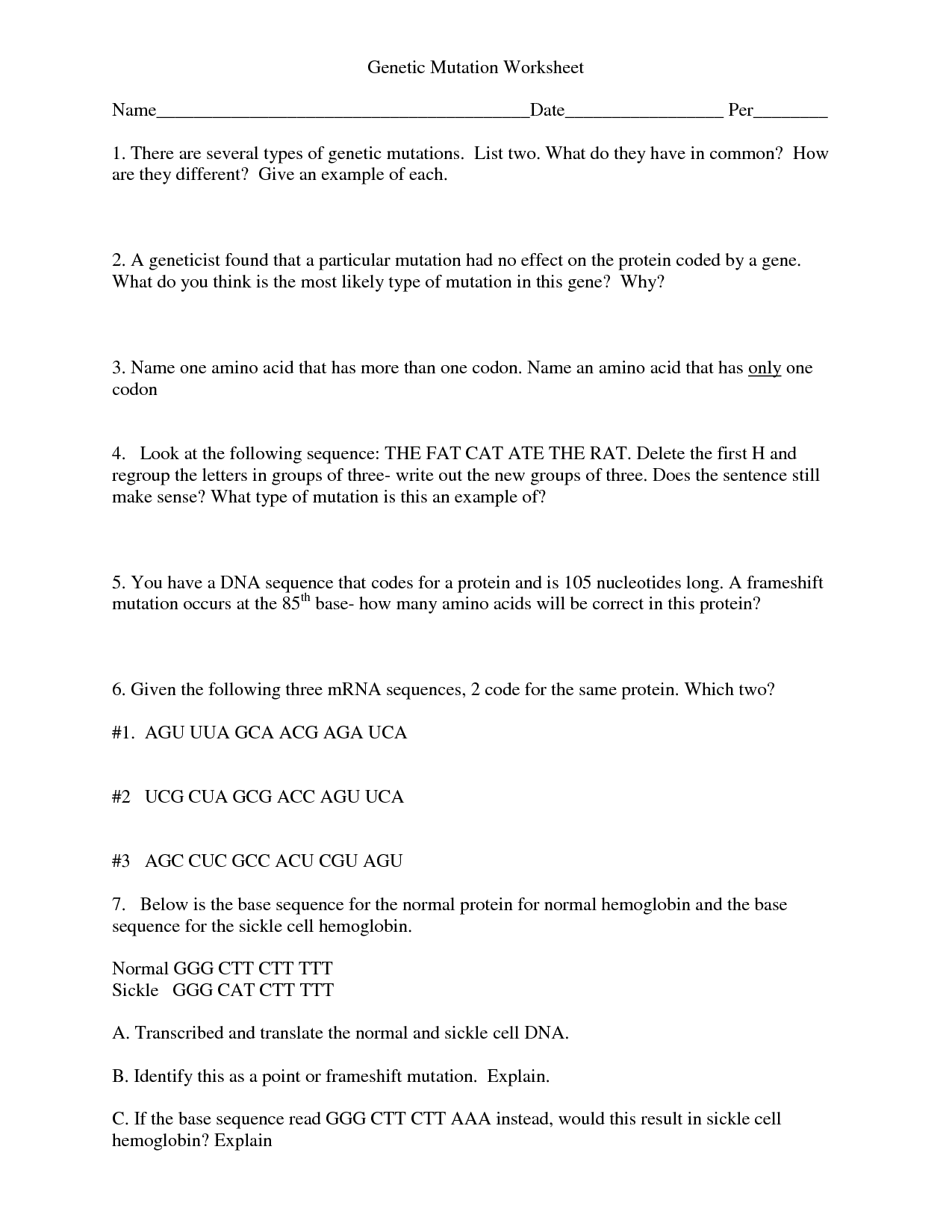 Genetic Mutation Worksheet Answer Key