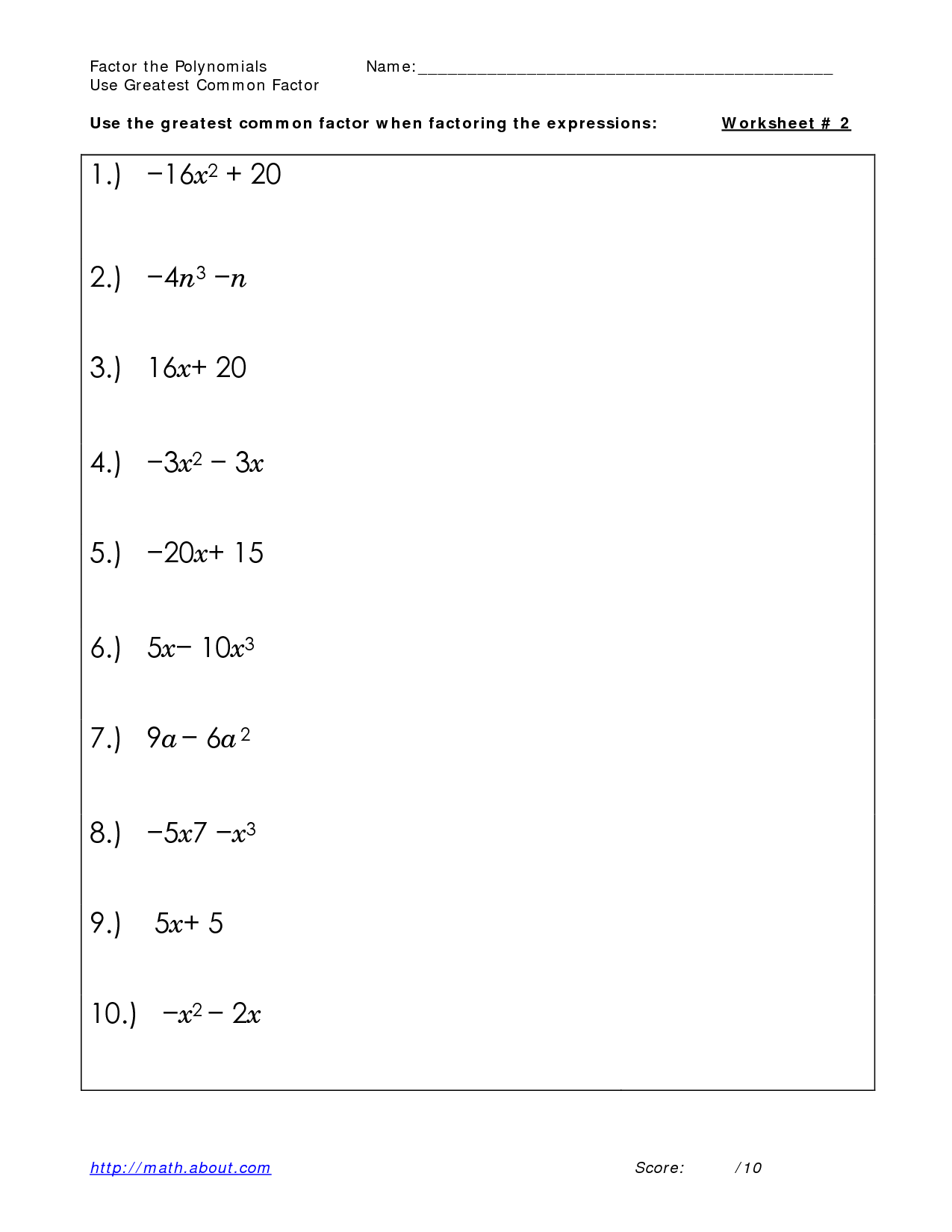 Greatest Common Factor Worksheet Answers