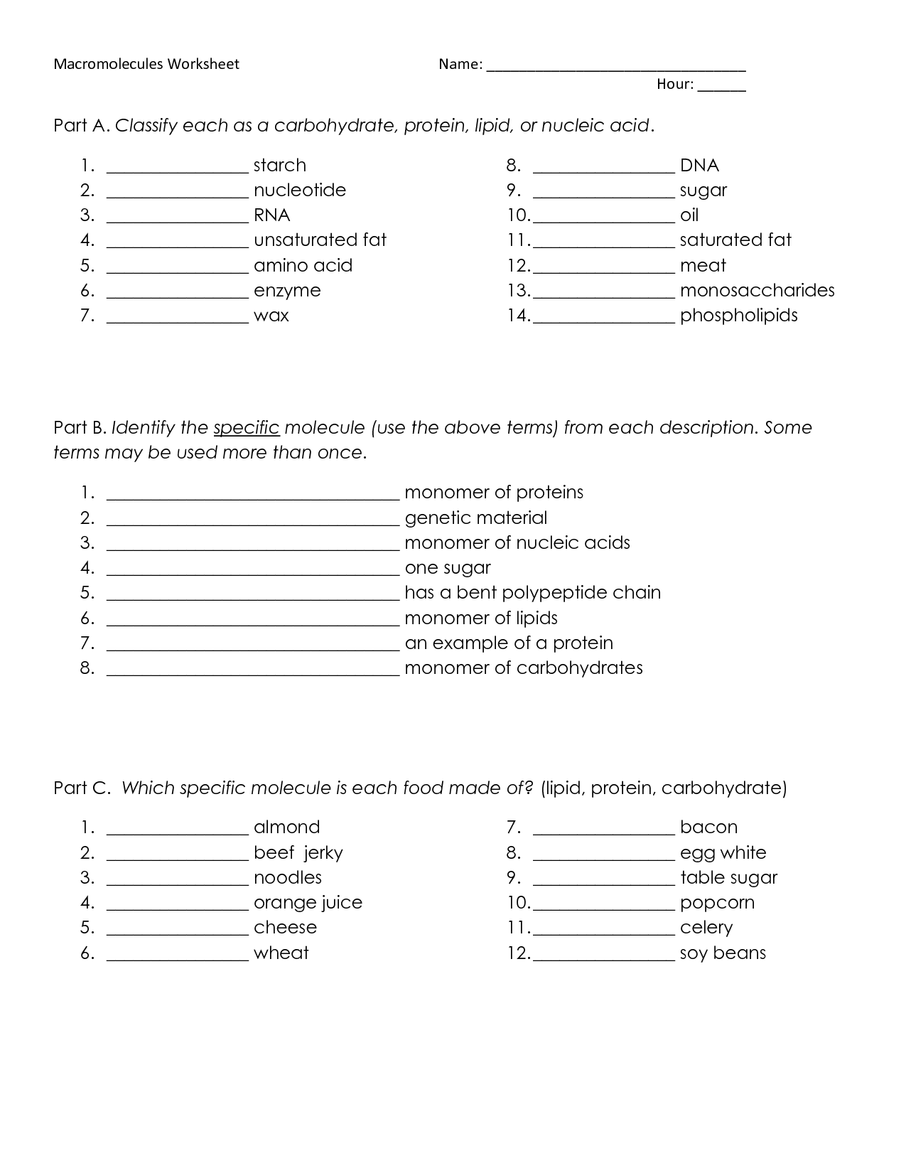 Macromolecule Worksheet Answer Key