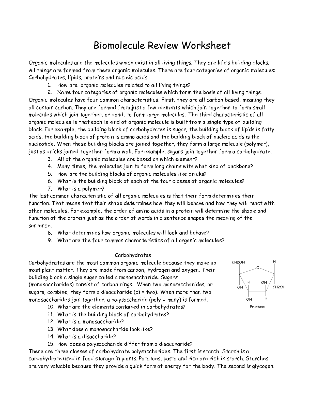 Organic Molecules Worksheet Review Answer Key