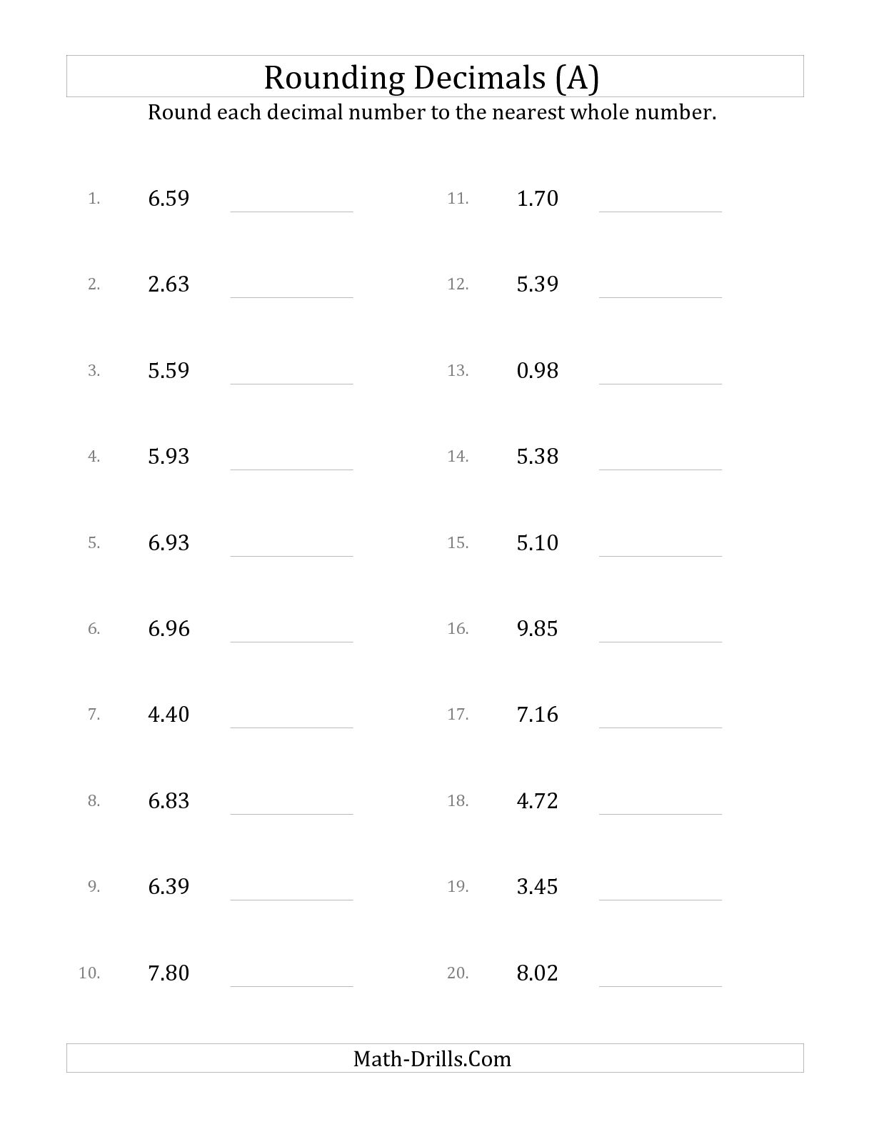 Whole Numbers and Decimals Worksheets