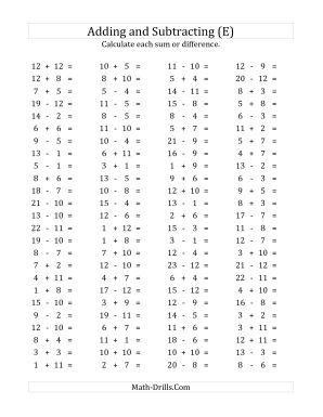 100 Addition and Subtraction Facts Worksheet