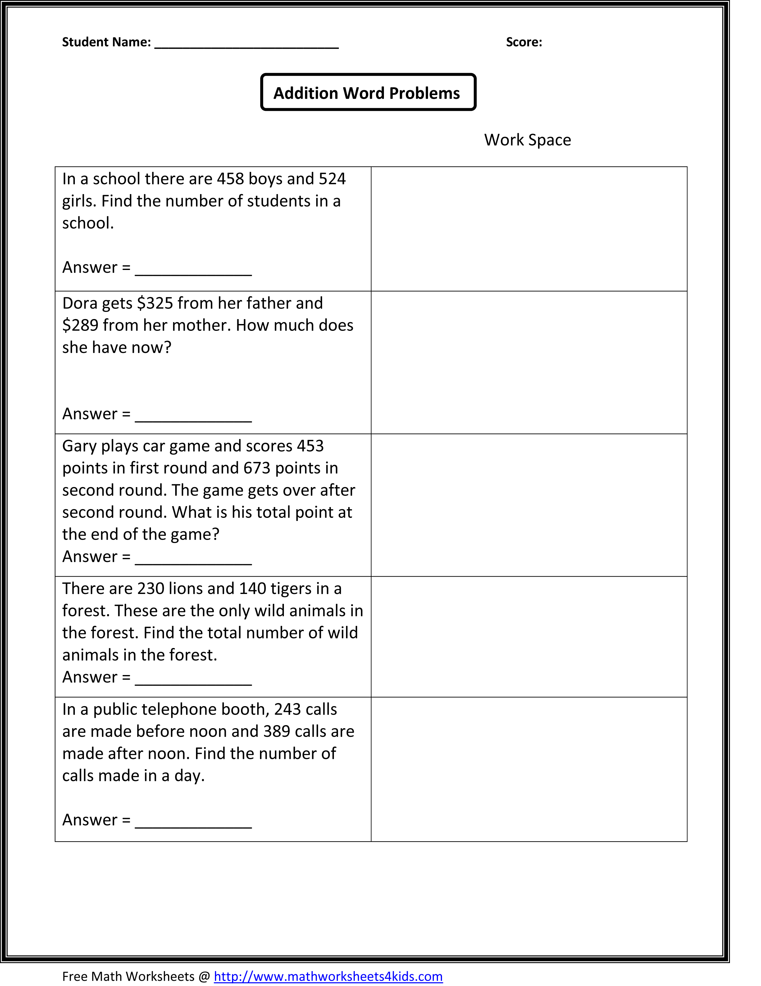 3rd Grade Math Word Problems Worksheets