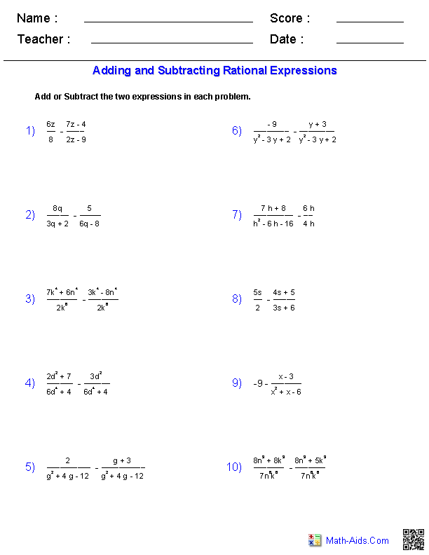 Algebra 2 Simplifying Rational Expressions Worksheet