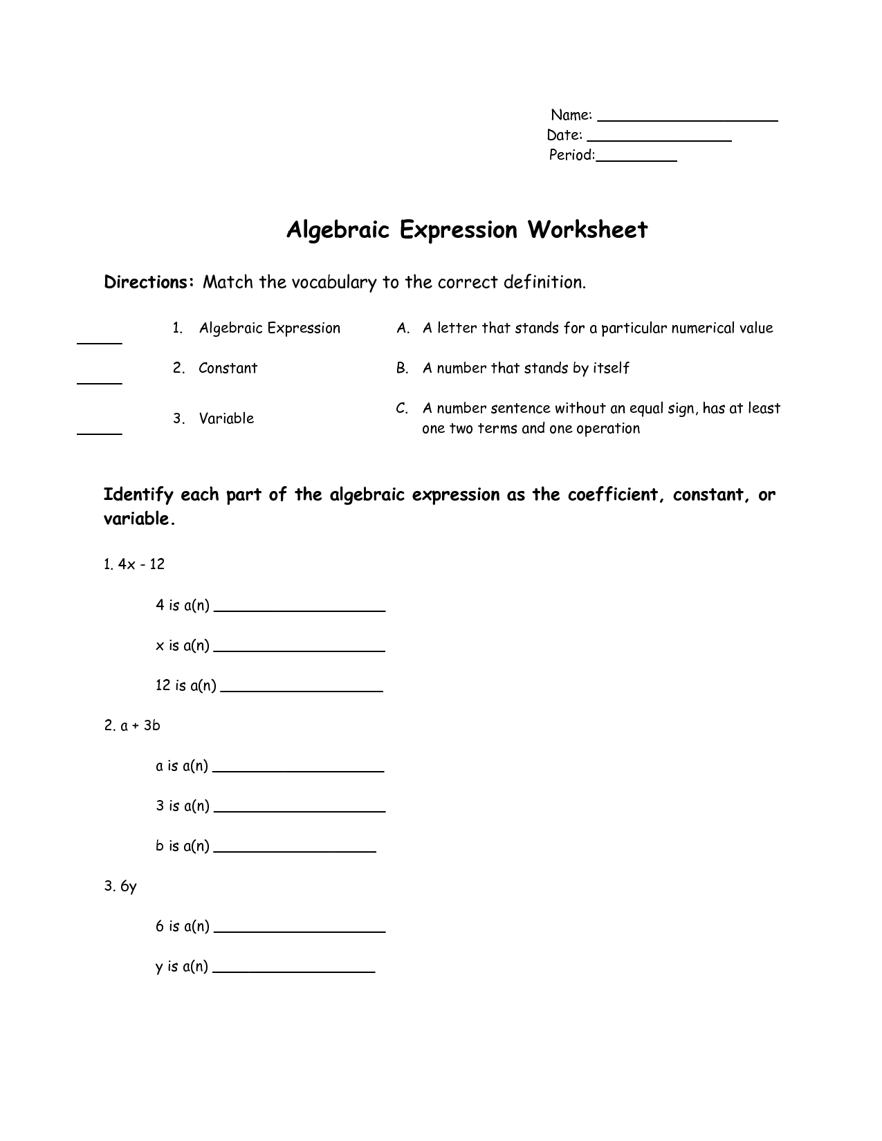 Algebraic Expressions Worksheets