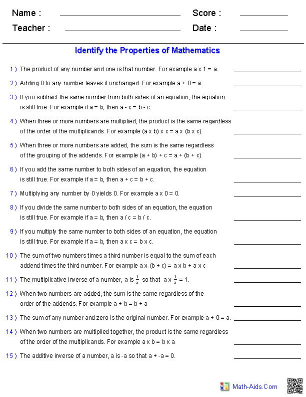 Math Properties Worksheets