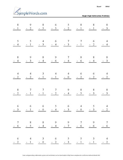 Math Single Digit Subtraction Worksheet