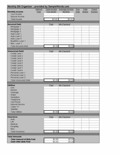 Monthly Bill Organizer Template