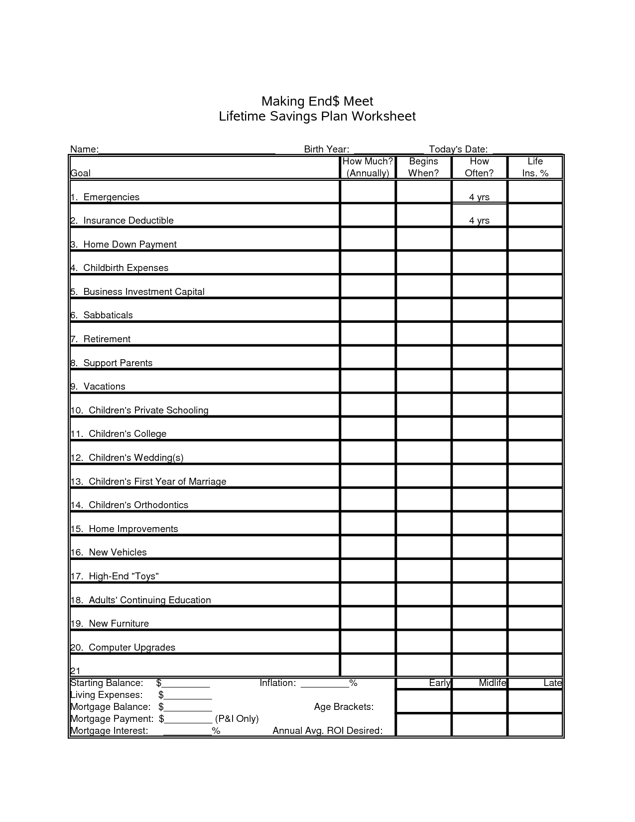 Savings Plan Worksheet