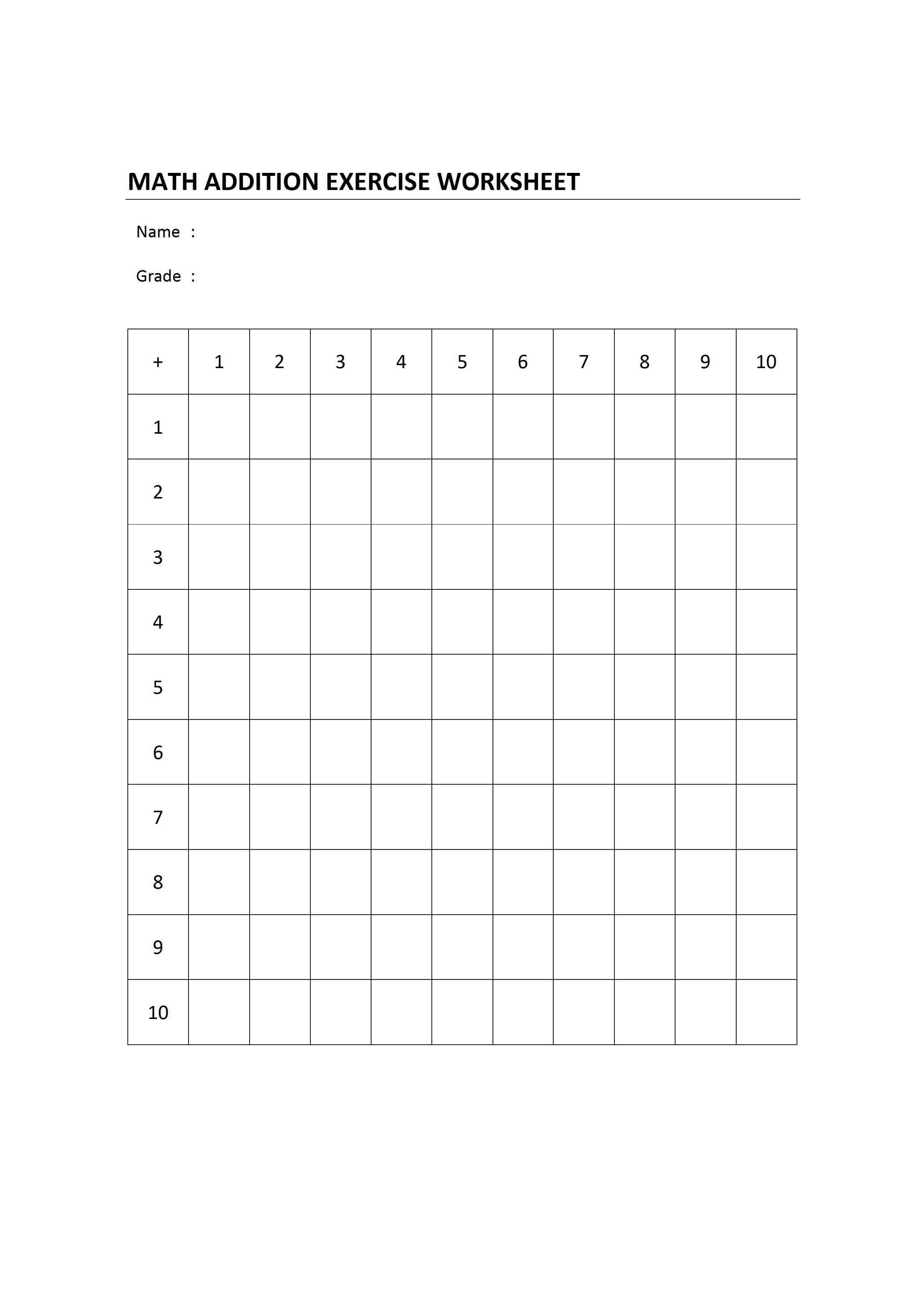 Blank Addition Table Worksheet