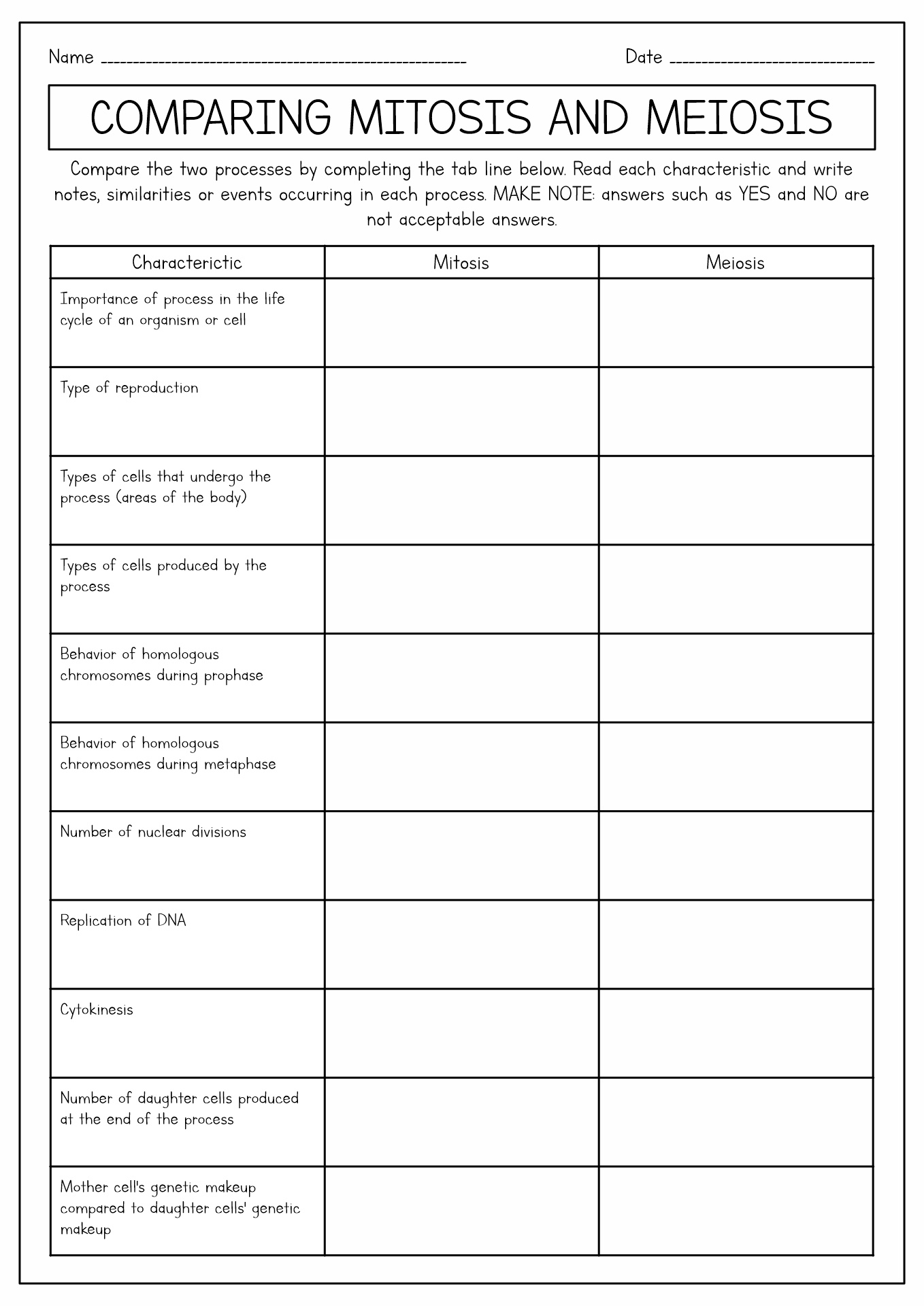 Comparing Mitosis and Meiosis Worksheet Answers