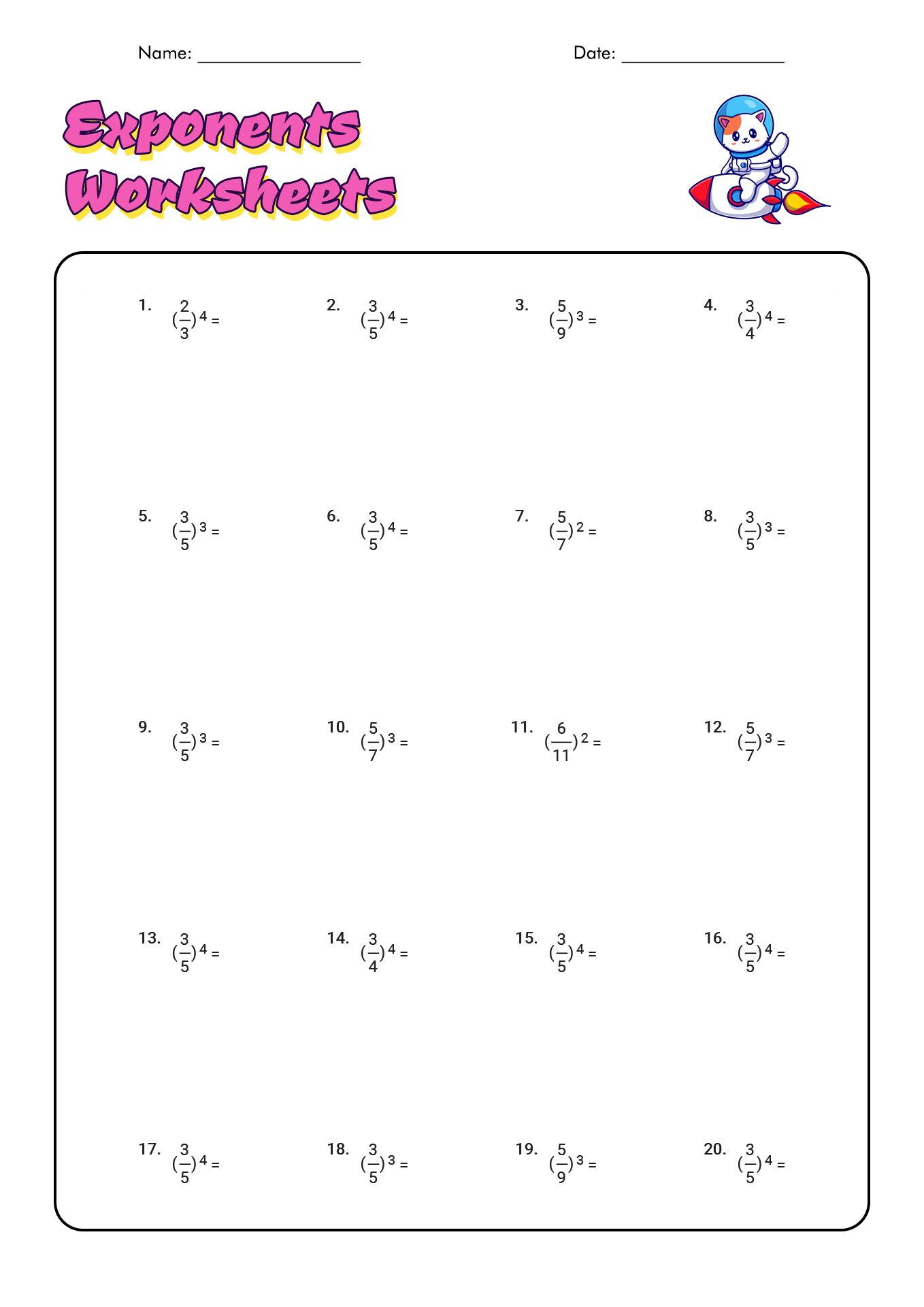 Exponents Worksheets