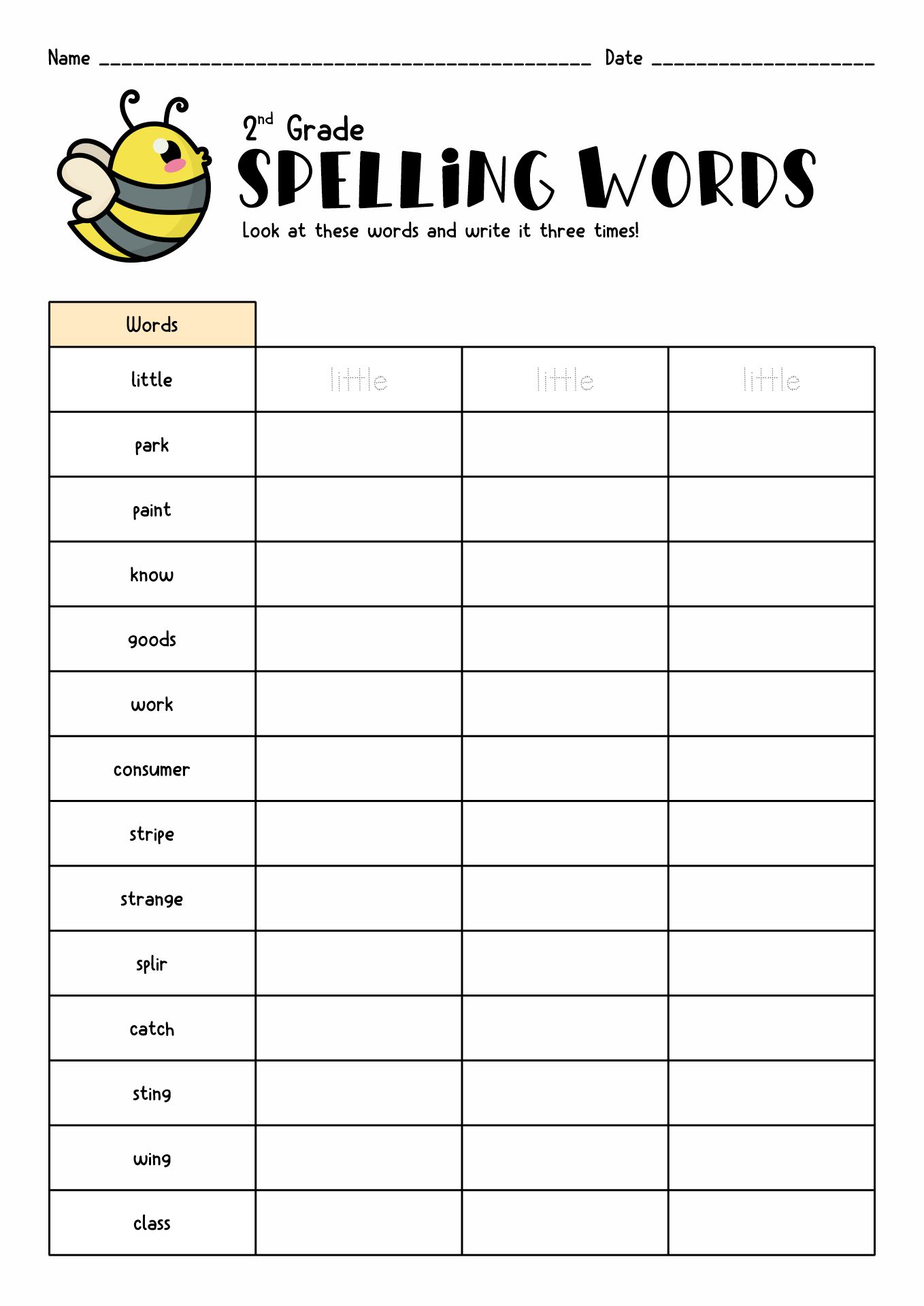 Spelling Worksheet 2nd Grade