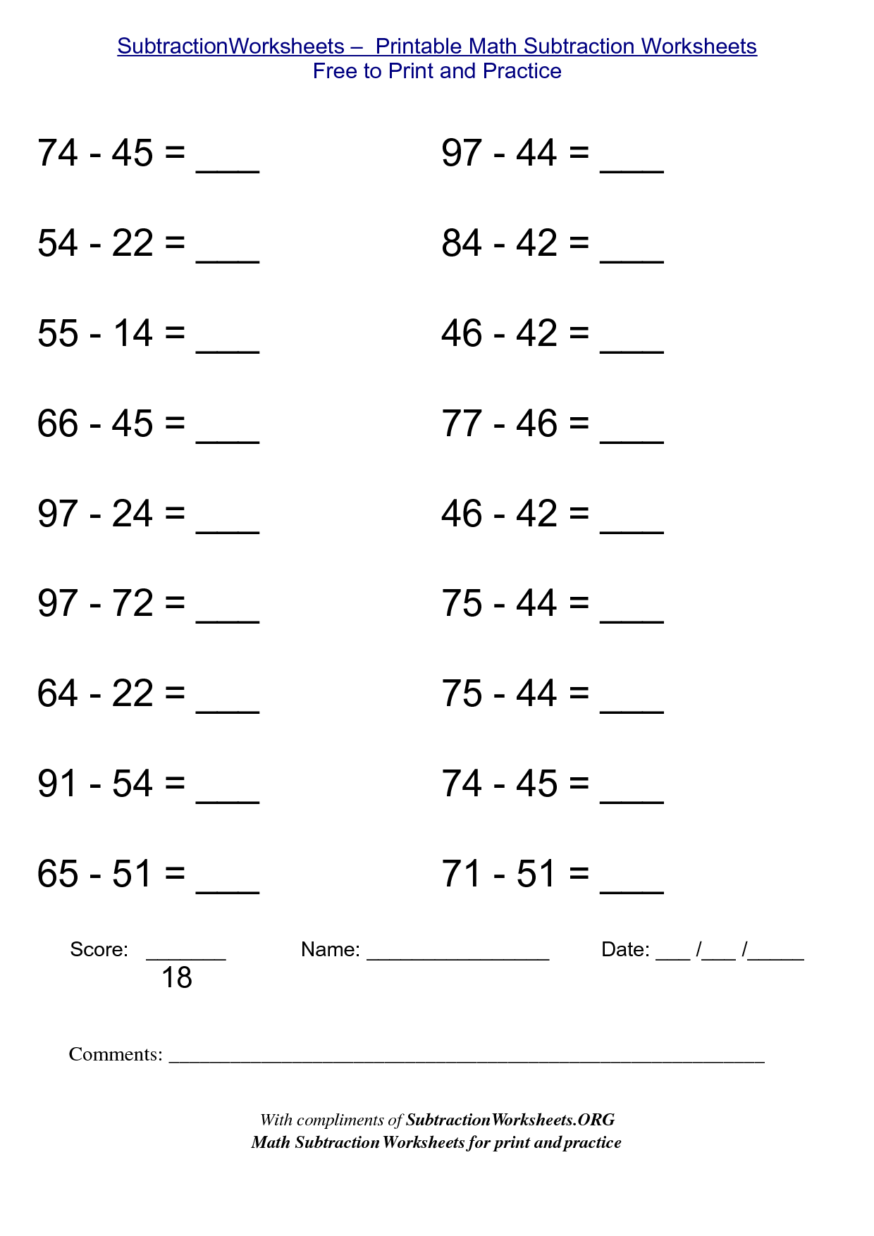 Free Printable Math Worksheets Subtraction