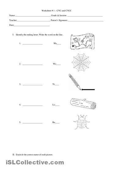 Kindergarten CVC Words Worksheets