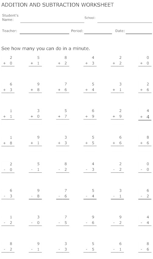 Math Addition and Subtraction Worksheets