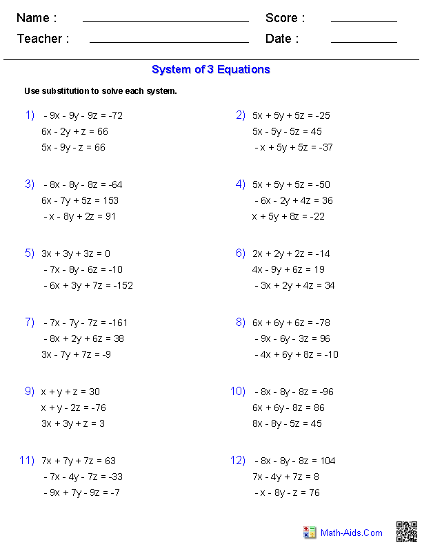 3 Variable System of Equations Worksheet With