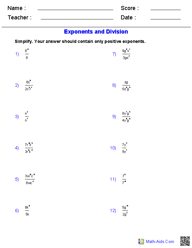 6th Grade Math Worksheets Exponents