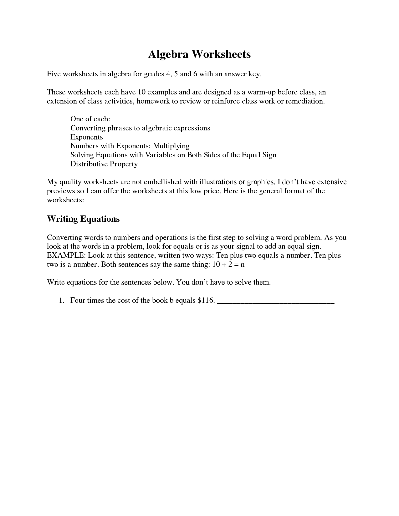 Basic Exponents Worksheet with Answer