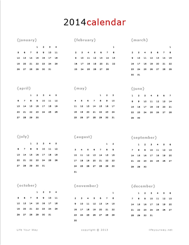 Calendar 2014 Printable One Page