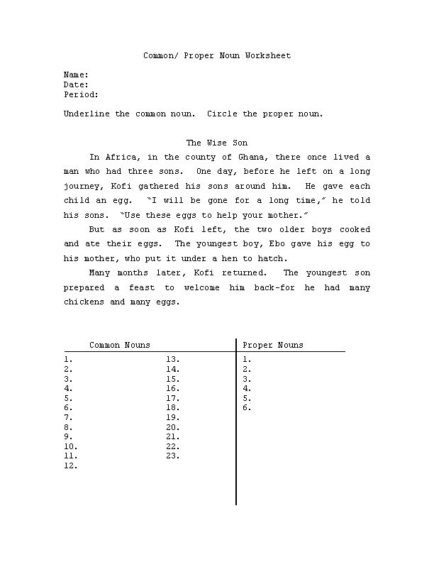 Common and Proper Noun Worksheets Free