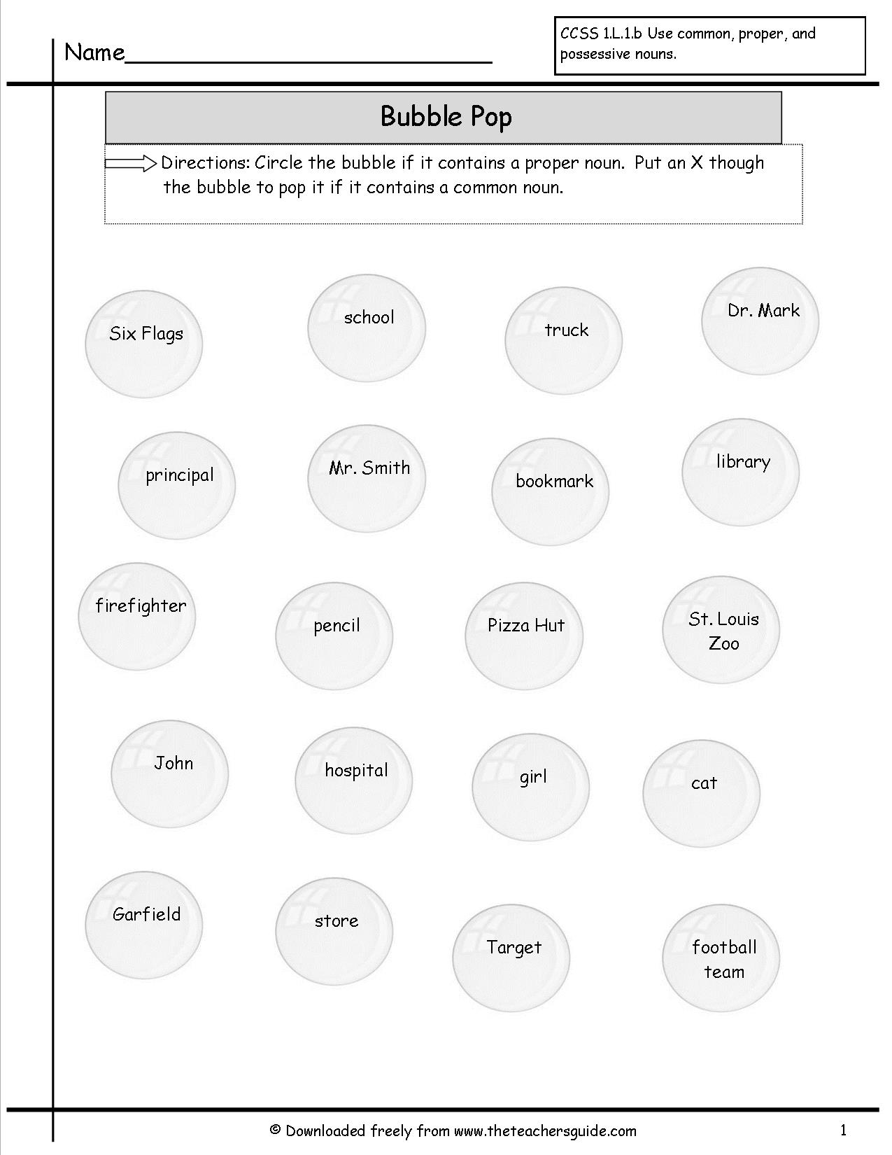 Common and Proper Nouns Worksheets 1st Grade