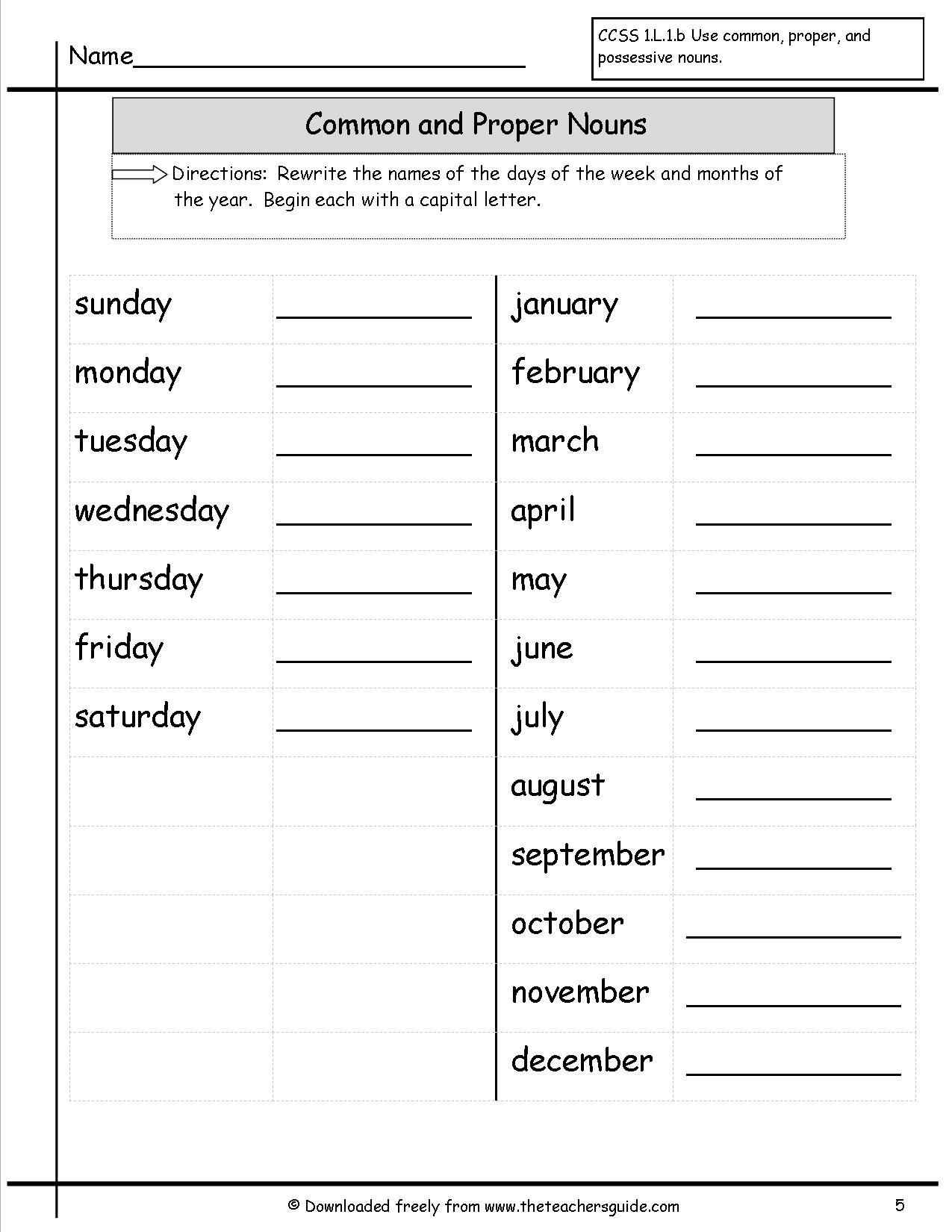 Common and Proper Nouns Worksheets