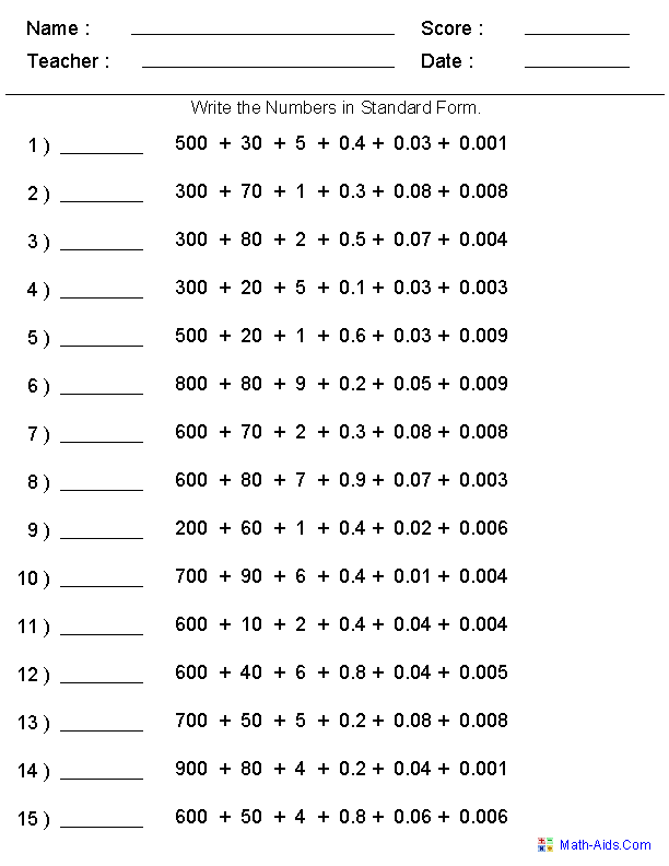 Decimal Place Value Worksheets 5th Grade