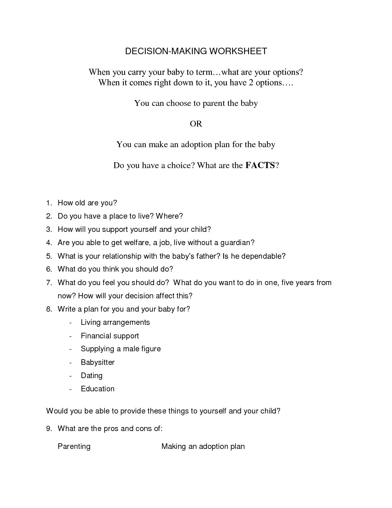 Decision-Making Worksheets Printable