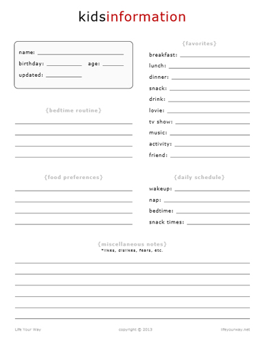 Free Printable Personal Information Sheet