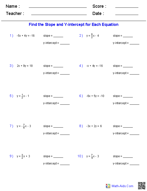 Linear Equations Slope-Intercept Worksheets