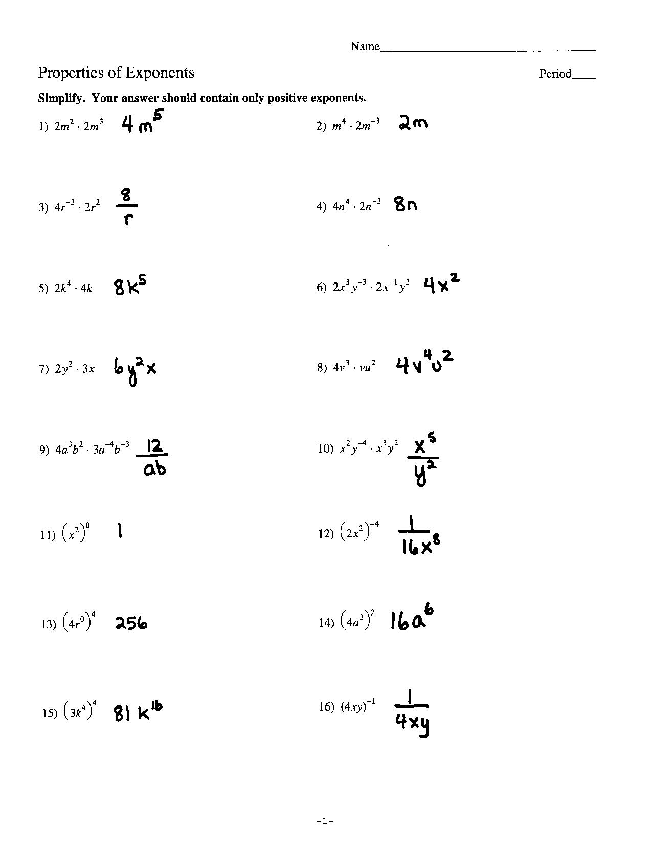 Negative Exponents Worksheet with Answers