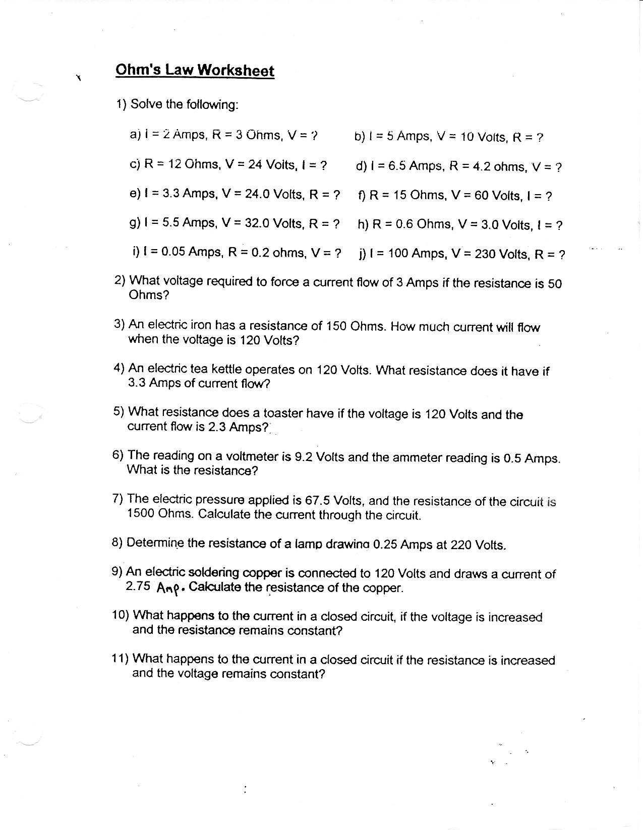 Ohms Law Worksheet Answers