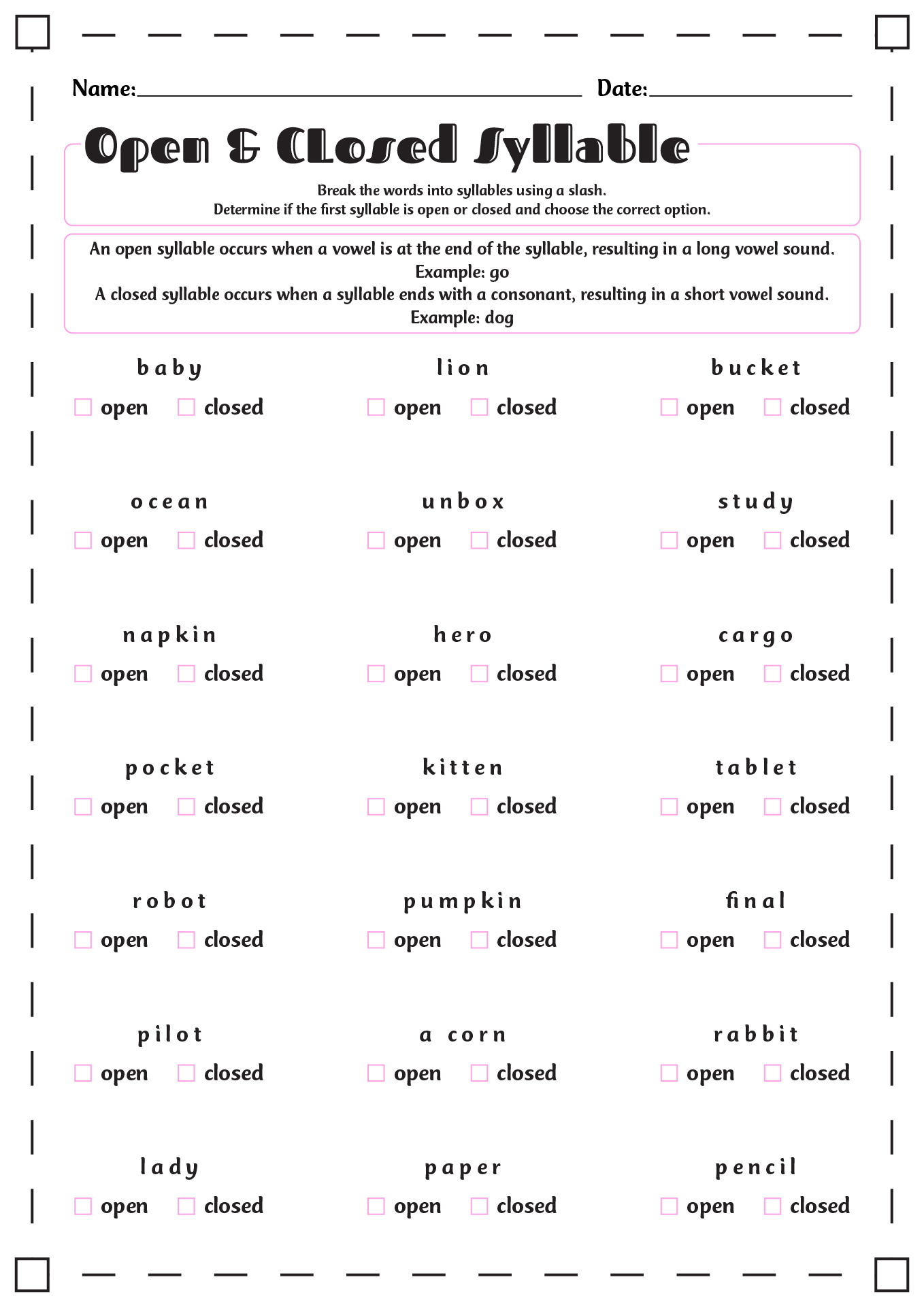 Closed Syllable Worksheet First Grade