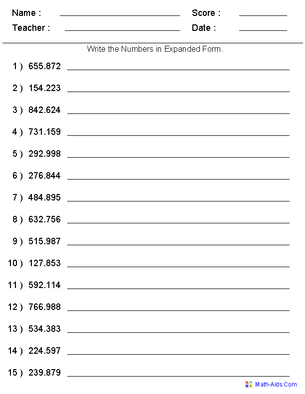 Place Value Expanded Form Worksheets