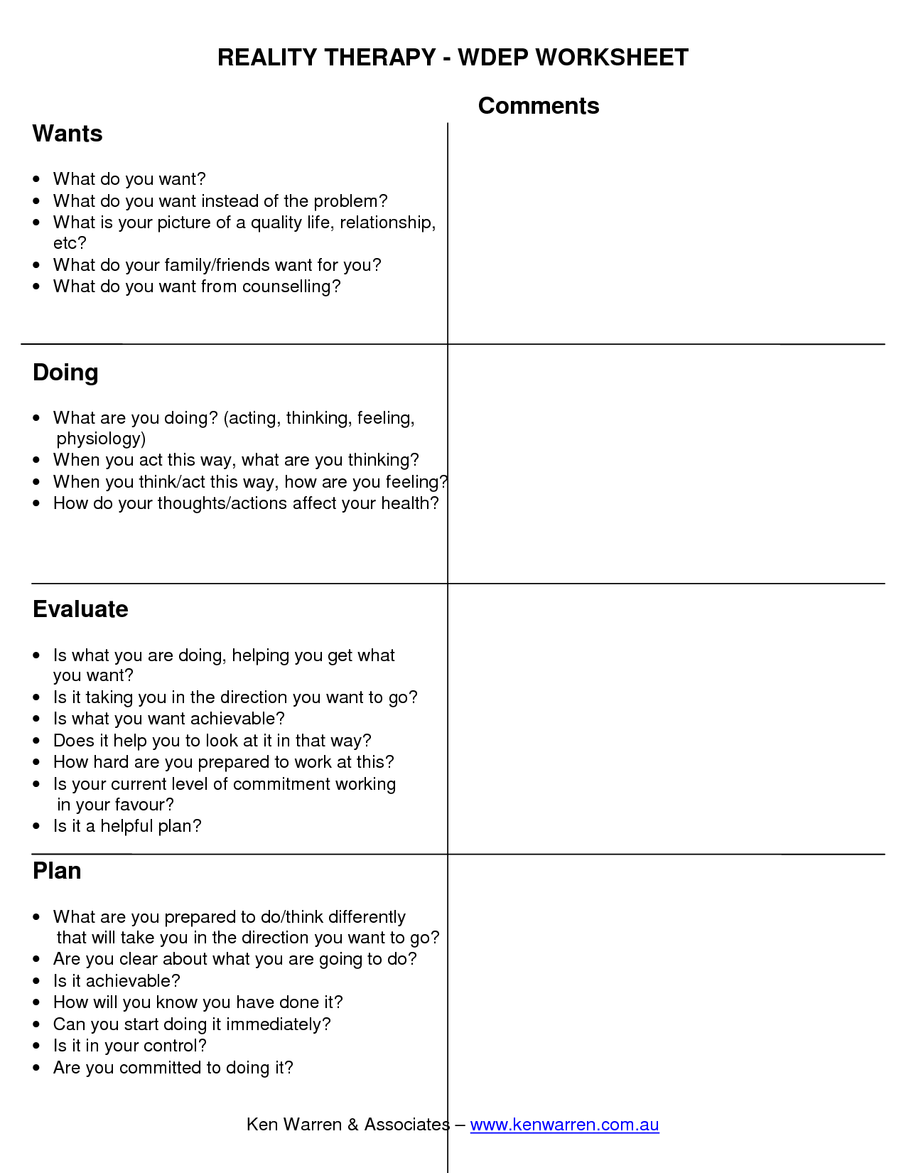 Reality Therapy Worksheets