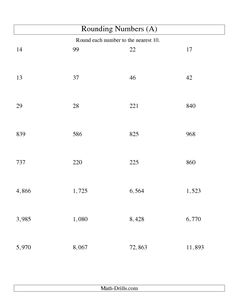 Rounding Numbers Nearest Ten Worksheets