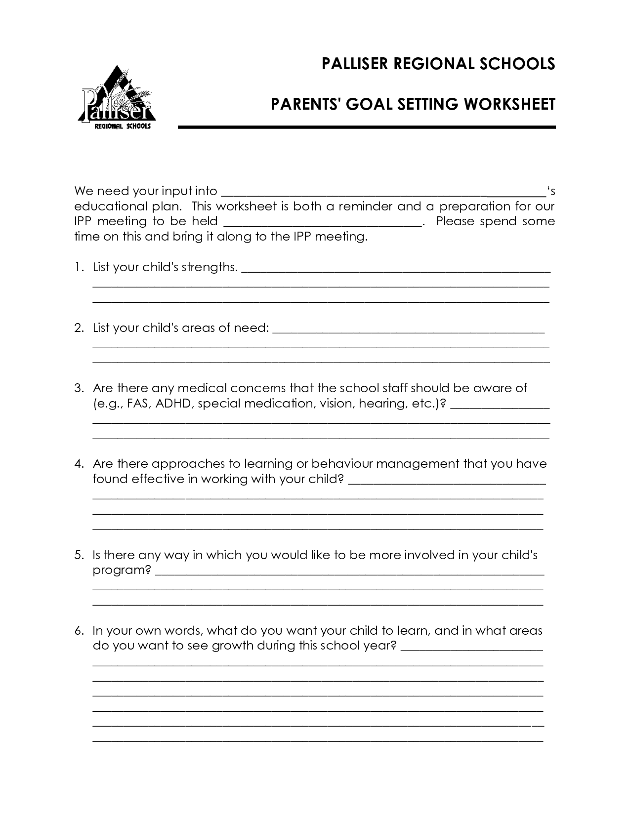 School Goal Setting Worksheet