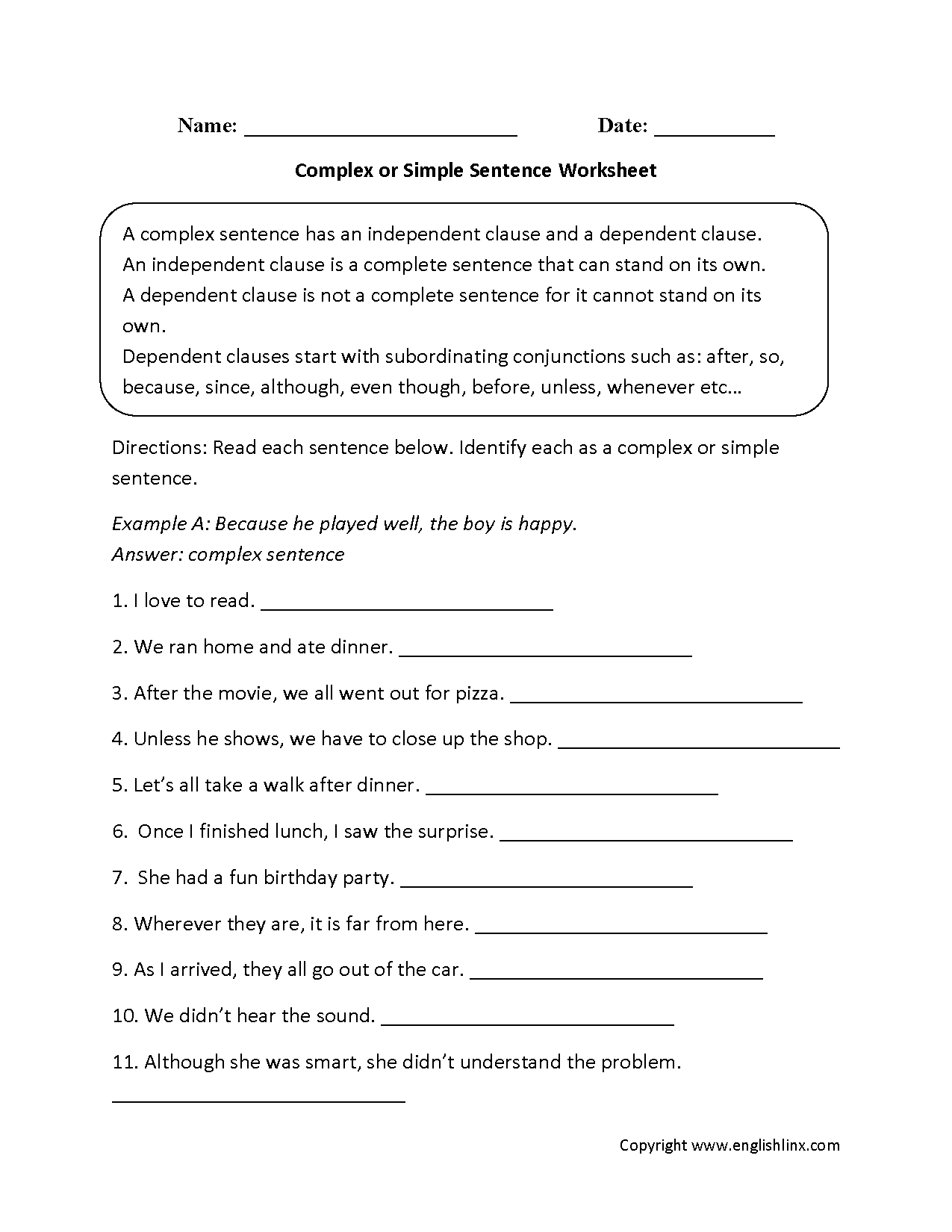 Simple Compound and Complex Sentences Worksheet