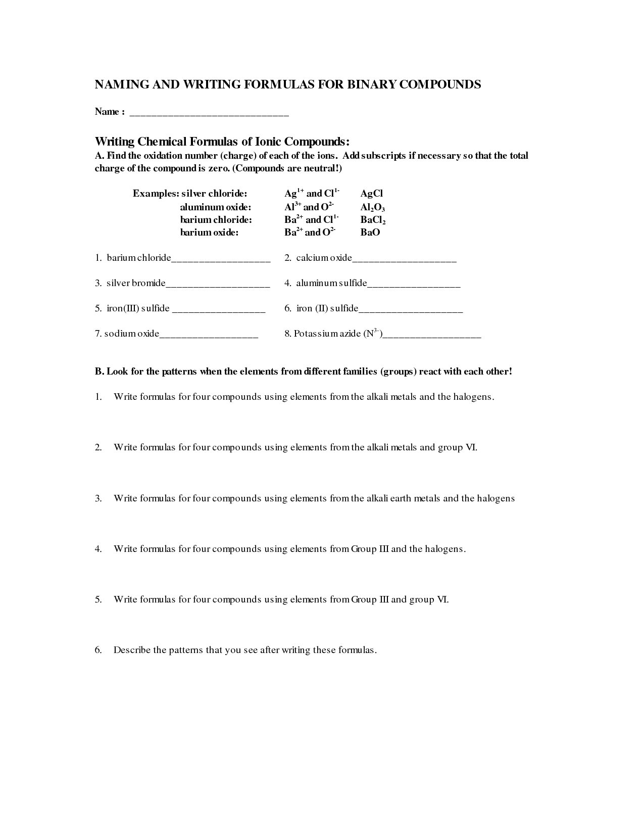 Writing Formulas for Binary Ionic Compounds Worksheets