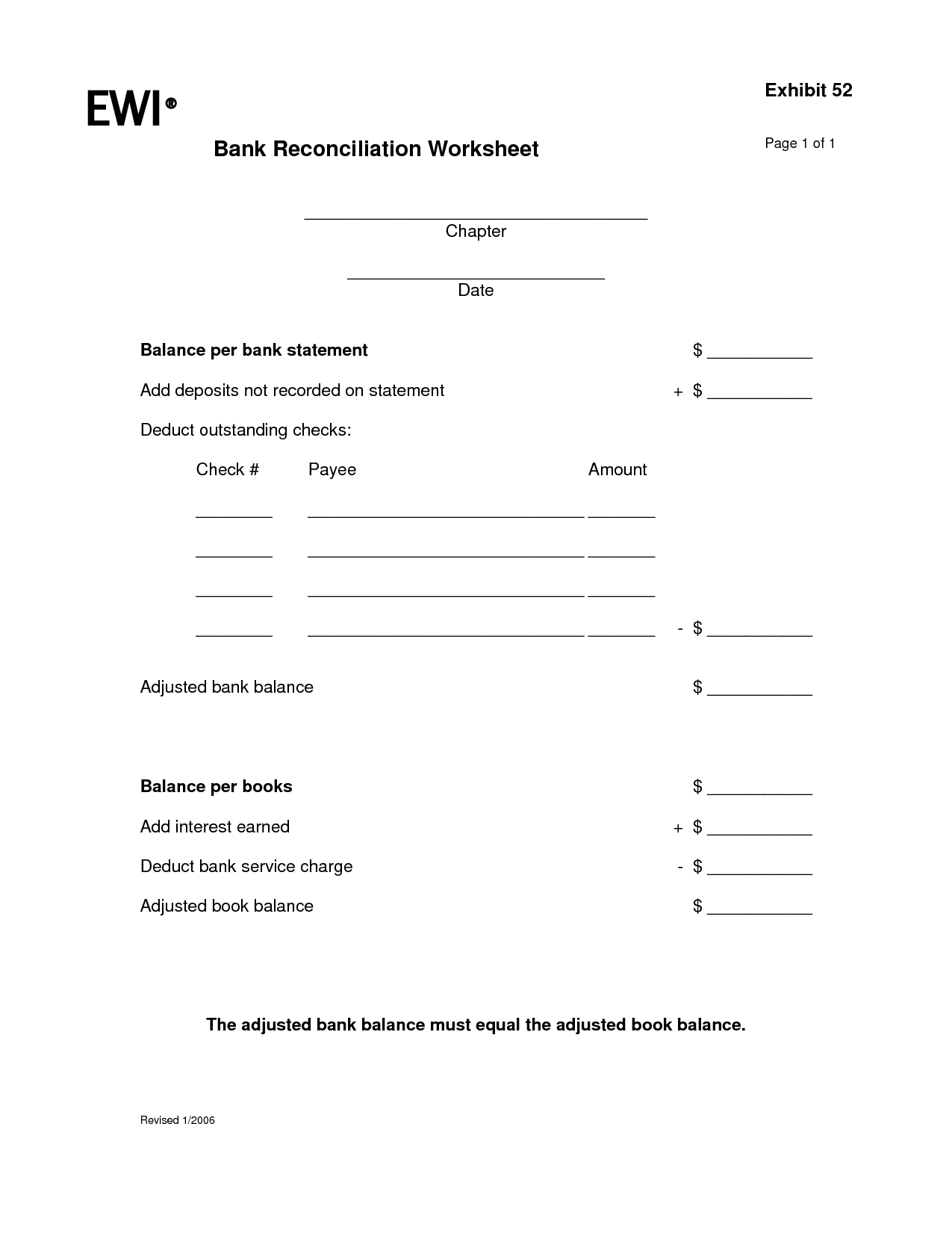 Checkbook Reconciliation Worksheet