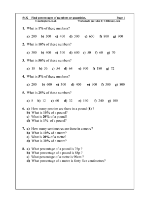 Math Worksheets Percentages