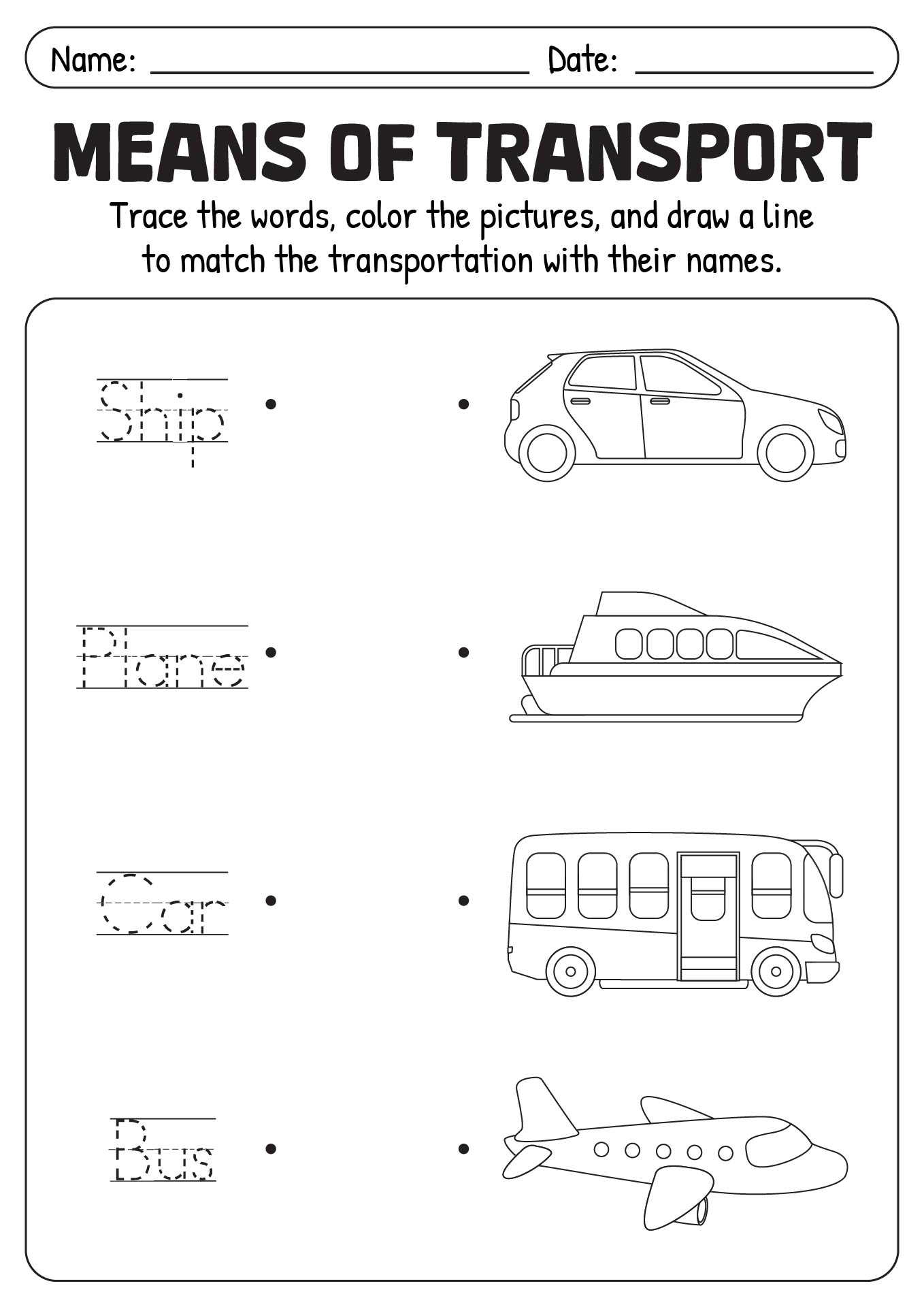 Means of Transport Worksheets